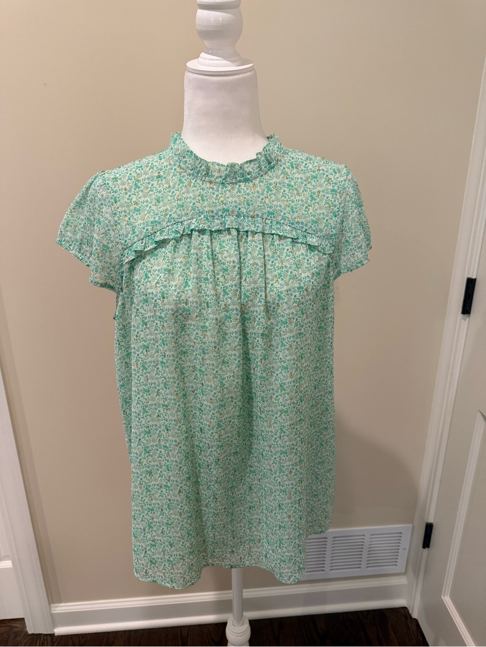 Joie - Women’s Mint and Gold Floral Ruffle Yoke Blouse